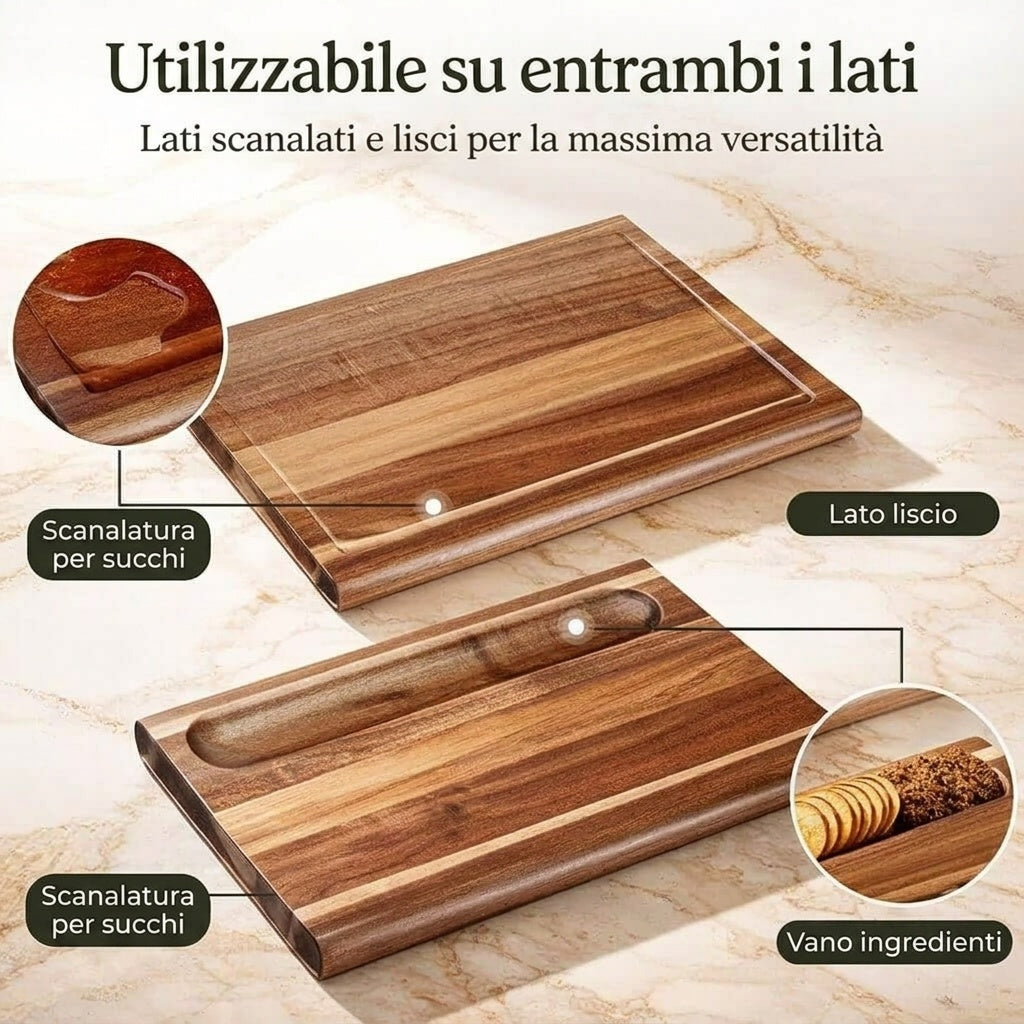 Tagliere Grande - Bifacciale con Scanalatura Raccogli-succo Perimetrale e Incavo Snack