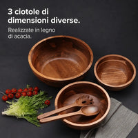Set di Ciotole per Insalata in Legno di Acacia – 3 Ciotole incl. Posate per Insalata